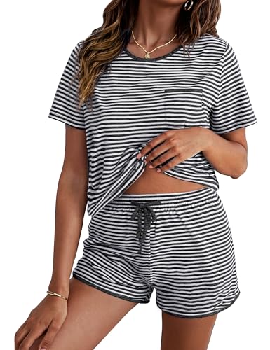Demegimi Schlafanzug Damen Pyjama Damen Kurz Baumwolle Shorty Set Kurzarm Nachtwäsche Frauen Zweiteiliger Schlafanzüge mit Streifen für Sommer von Demegimi
