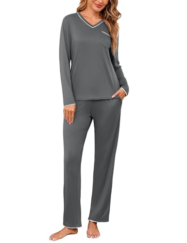 Demegimi Schlafanzug Damen Pyjama Lang Baumwolle Nachtwäsche Winter Pyjama Set Einfabig Zweiteiler mit V-Ausschnitt für Winter Herbst von Demegimi