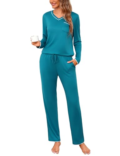 Demegimi Schlafanzug Damen Pyjama Lang Baumwolle Nachtwäsche Winter Pyjama Set Einfabig Zweiteiler mit V-Ausschnitt für Winter Herbst von Demegimi