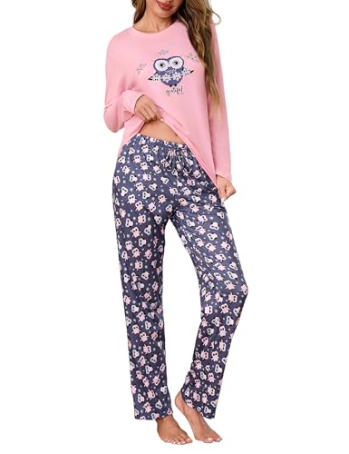 Demegimi Schlafanzug Damen Pyjama Lang Baumwolle Nachtwäsche Winter Pyjama Set Schneeflocken Eulen Zweiteiler für Winter Herbst von Demegimi