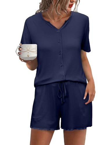 Demegimi Schlafanzug Damen Pyjama Set Kurz Baumwolle Nachtwäsche V-Ausschnitt Zweiteiliger Sleepwear Sommer Kurzarm Pyjama mit Knöpfe S-XXL von Demegimi