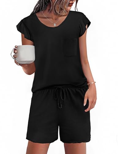 Demegimi Schlafanzug Damen Pyjama Set Kurzarm mit Rüschen Baumwolle Zweiteiliger Nachtwäsche Frauen Sommer Shorty Set von Demegimi