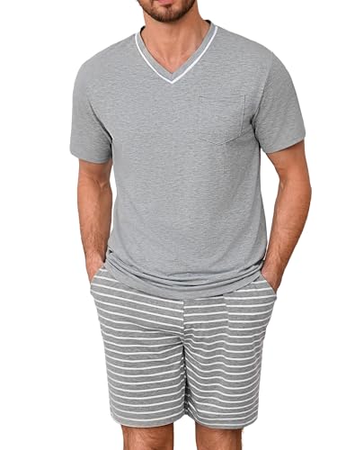 Demegimi Schlafanzug Herren Kurz Baumwolle Pyjama Sommer Kurzarm Shirt mit Tasche Pyjamahose im Streifendesign von Demegimi