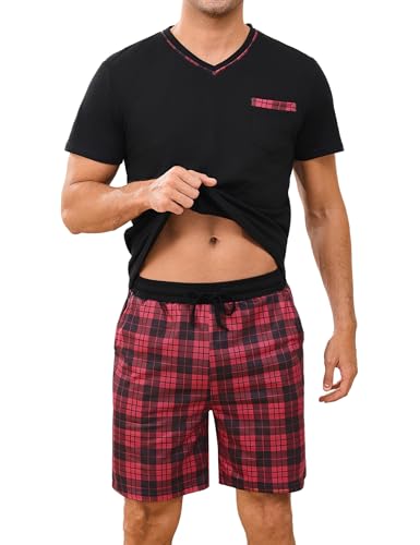 Demegimi Schlafanzug Herren Kurz Baumwolle Sommer Pyjama Set V-Ausschnitt Hausanzug T-Shirt und Karierter Schlafhose,Dunkel,XXL von Demegimi