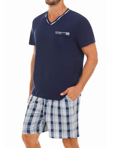 Demegimi Schlafanzug Herren Kurz Baumwolle Sommer Pyjama Set V-Ausschnitt Hausanzug T-Shirt und Karierter Schlafhose,Marineblau,XL von Demegimi