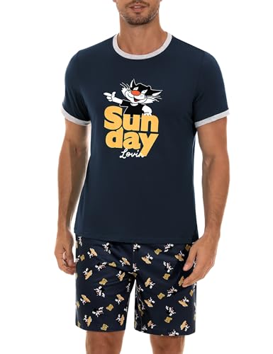 Demegimi Schlafanzug Herren Kurz Lustig Kurzer Pyjama Set Baumwolle Shorty Nachtwäsche mit Katze T-Shirt und Schlafanzughose für Männer von Demegimi