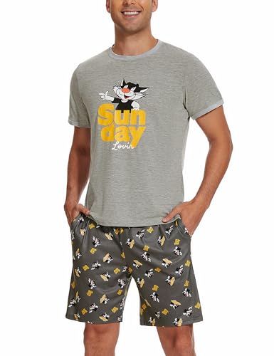 Demegimi Schlafanzug Herren Kurz Lustig Kurzer Pyjama Set Baumwolle Shorty Nachtwäsche mit Katze T-Shirt und Schlafanzughose für Männer von Demegimi