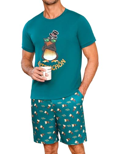 Demegimi Schlafanzug Herren Kurz Lustig Kurzer Pyjama Set Baumwolle Shorty Nachtwäsche mit Pinguin-Druckdesign T-Shirt und Schlafanzughose für Männer von Demegimi