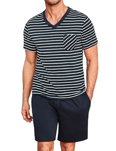 Demegimi Herren Schlafanzug Kurz Pyjama Baumwolle Sommer Kurzarm T-Shirt Rundhals Nachtwäsche Streifen von Demegimi