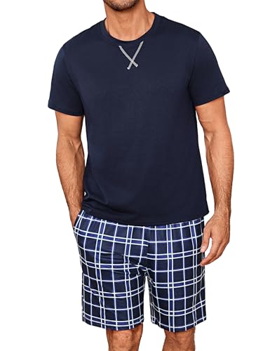Demegimi Herren Schlafanzug Kurz Baumwolle Sommer Shorty Pyjama Nightwear Set Schlafanzüge für Männer Vater,Blau,l von Demegimi