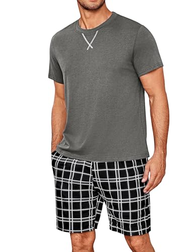 Demegimi Schlafanzug Herren Kurz Pyjama Set Baumwolle Sommer Shorty Nachtwäsche Kariert Pyjamaset Männer von Demegimi