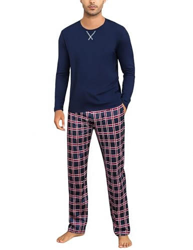 Demegimi Schlafanzug Herren Lang Baumwolle Pyjama Herren mit Rundhals und Karierter Hose Loungewear Sleepwear von Demegimi