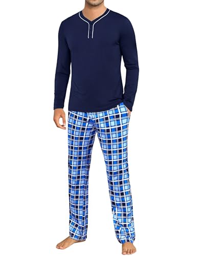 Demegimi Schlafanzug Herren Lang Baumwolle Pyjama Set mit Knopfleiste mit Karierter Schlafhose Bequeme Homewear für Herbst und Winter,Blau,XL von Demegimi