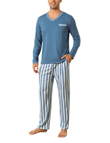 Demegimi Schlafanzug Herren Lang Baumwolle Pyjama Winter Langarm Shirt mit Tasche Pyjamahose im Streifendesign,Blaugrau,L von Demegimi