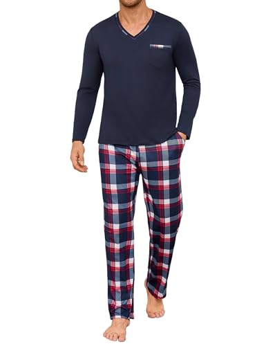 Demegimi Schlafanzug Herren Lang Baumwolle Pyjama Zweiteiler mit V-Ausschnitt & Karohose für Herbst und Winter,Marineblau,M von Demegimi
