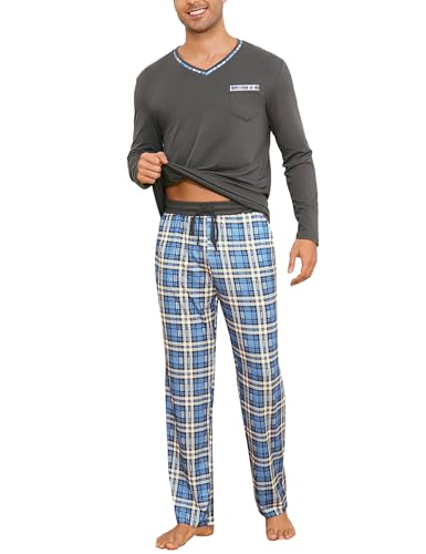 Demegimi Schlafanzug Herren Lang Kariert Pyjama Baumwolle Winter Nachtwäsche Langarm Pyjamas und Karierte Schlafanzughose für Männer,Grau,3XL von Demegimi