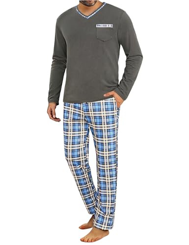 Demegimi Schlafanzug Herren Lang Kariert Pyjama Baumwolle Winter Nachtwäsche Langarm Pyjamas und Karierte Schlafanzughose für Männer,Grau,M von Demegimi