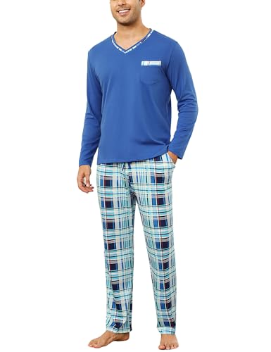 Demegimi Schlafanzug Herren Lang Kariert Pyjama Baumwolle Winter Nachtwäsche Langarm Pyjamas und Karierte Schlafanzughose für Männer,Royalblau,L von Demegimi