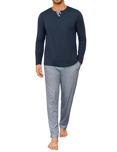 Demegimi Schlafanzug Herren Lang Winter Baumwolle Zweiteiliger Pyjamaset Winter mit Langarmshirt und Pyjamahose Blau M von Demegimi