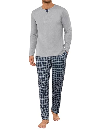 Demegimi Schlafanzug Herren Lang Winter Baumwolle Zweiteiliger Pyjamaset Winter mit Langarmshirt und Pyjamahose Grau M von Demegimi