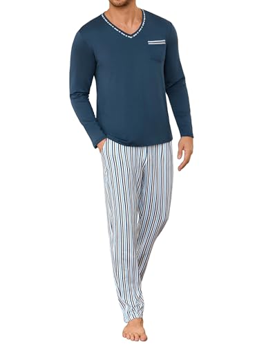 Demegimi Schlafanzug Herren Lang Winter Herren Pyjama Lang Baumwolle Streifen Männer Schlafanzug Nightwear Set von Demegimi