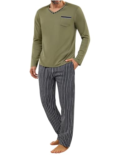 Demegimi Schlafanzug Herren Lang Winter Herren Pyjama Lang Baumwolle Streifen Männer Schlafanzug Nightwear Set von Demegimi