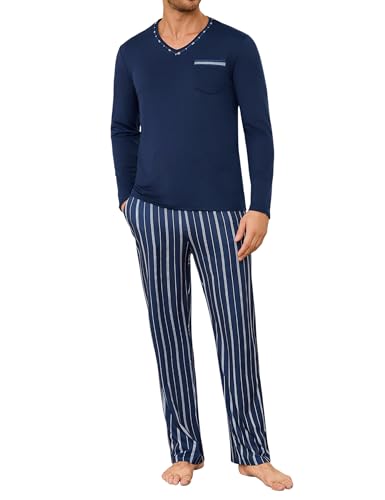 Demegimi Schlafanzug Herren Lang Winter Herren Pyjama Lang Baumwolle Streifen Männer Schlafanzug Nightwear Set von Demegimi
