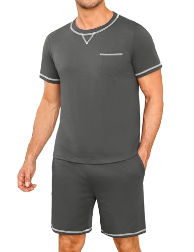 Demegimi Schlafanzug Herren kurz Kurzer Pyjama Baumwolle Sommer Shorty Pyjama Kurzarm T-Shirt mit einfarbiger Schlafanzughose von Demegimi