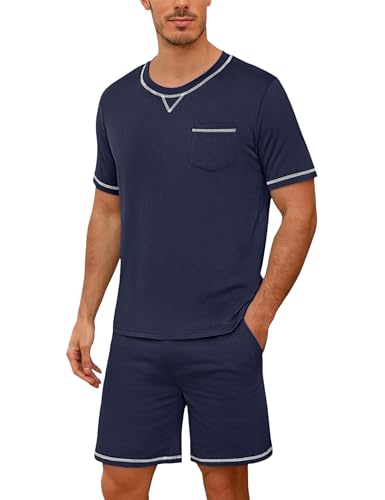 Demegimi Schlafanzug Herren kurz Kurzer Pyjama Baumwolle Sommer Shorty Pyjama Kurzarm T-Shirt mit einfarbiger Schlafanzughose von Demegimi