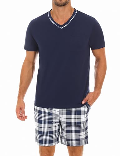 Demegimi Schlafanzug Herren kurz V-Auschnitt kurzer Pyjama Baumwolle Sommer Shorty Pyjama Kurzarm T-Shirt mit Karierter Schlafanzughose von Demegimi