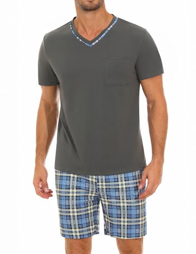 Demegimi Schlafanzug Herren kurz V-Auschnitt kurzer Pyjama Baumwolle Sommer Shorty Pyjama Kurzarm T-Shirt mit Karierter Schlafanzughose von Demegimi