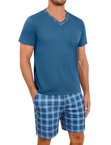 Demegimi Schlafanzug Herren kurz V-Auschnitt kurzer Pyjama Baumwolle Sommer Shorty Pyjama Kurzarm T-Shirt mit Karierter Schlafanzughose von Demegimi