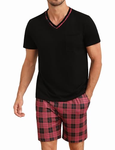 Demegimi Schlafanzug Herren kurz V-Auschnitt kurzer Pyjama Baumwolle Sommer Shorty Pyjama Kurzarm T-Shirt mit Karierter Schlafanzughose von Demegimi