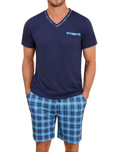 Demegimi Pyjama Herren Kurz Baumwolle Sommer Schlafanzug Set V-Ausschnitt Hausanzug T-Shirt und Karierter Schlafhose,Hellblau,XL von Demegimi
