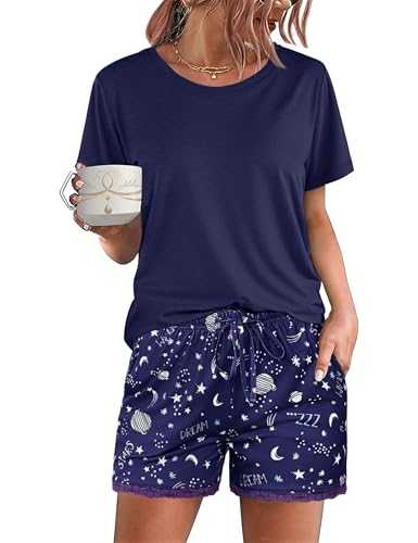 Demegimi Schlafanzug Kurz Damen Baumwolle Pyjama Set Rundausschnitt Zweiteiliger Nachtwäsche Shorty Loungewear Sleepwear für Sommer S-XXL von Demegimi