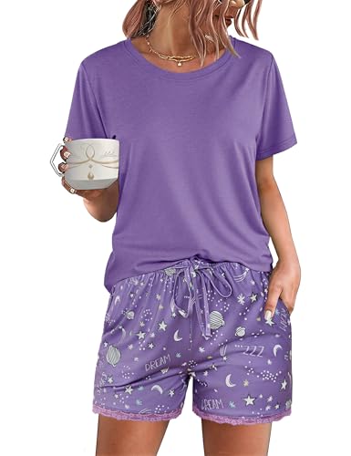 Demegimi Schlafanzug Kurz Damen Baumwolle Pyjama Set Rundausschnitt Zweiteiliger Nachtwäsche Shorty Loungewear Sleepwear für Sommer S-XXL von Demegimi