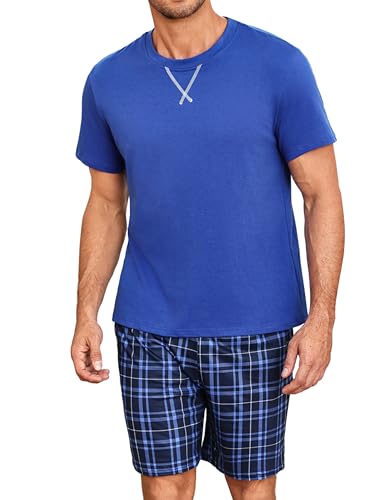 Demegimi Schlafanzug Kurz Herren Baumwolle Sommer Pyjama Set Rundhals Zweiteiliger Schlafanzug Nightwear,Hellblau,XL von Demegimi