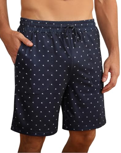 Demegimi Schlafanzughosen für Herren kurze Schlafhose Baumwolle Sommer Pyjamahose Shorty Pyjama mit Palmenmuster Marineblau von Demegimi