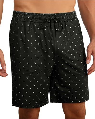 Demegimi Schlafhose Herren Kurze Schlafanzughose mit Anker Muster Baumwolle Pyjamahose Sommer Schlafshorts Anker Sailing Bermuda Shorts Allover Print Schwarz von Demegimi