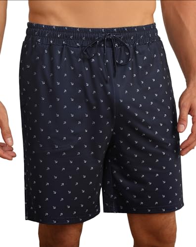 Demegimi Schlafhose Herren Kurze mit Anker Muster Schlafanzughose Baumwolle Pyjamahose Sommer Schlafshorts Anker Sailing Bermuda Shorts Allover Print Marineblau von Demegimi