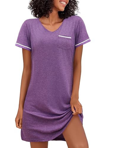 Demegimi Schlafshirt Damen Kurzarm Nachthemd Baumwolle Sommer V-Ausschnitt Nachtwäsche Schlafhemd Frauen Schlafkleid S-XXL von Demegimi