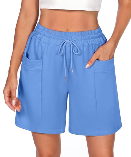 Demegimi Shorts Damen Bermuda Kurze Sporthose Knielang Sweatshorts Sommer Sport Shorts High Waist Lässig Kurz Hosen Baumwolle mit Taschen hellbblau von Demegimi