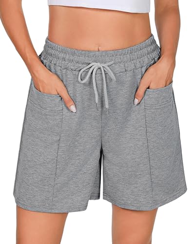 Demegimi Shorts Damen Bermuda Kurze Sporthose Knielang Sweatshorts Sommer Sport Shorts High Waist Lässig Kurz Hosen Baumwolle mit Taschen von Demegimi