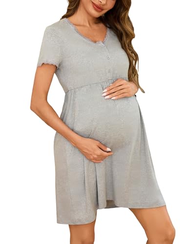 Demegimi Stillnachthemd Damen Geburt Baumwolle Geburtskleid V-Ausschnitt Stillen Nachthemd mit Knopfleiste Geburtshemd Spitze Nachtwäsche für Schwangere von Demegimi