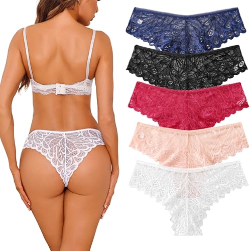 Demegimi Unterhosen Damen Spitze Slip Brazilian Slip Sexy Unterwäsche Frauen Panties Hipster Bikini Shorts Mehrpack 5er Pack von Demegimi