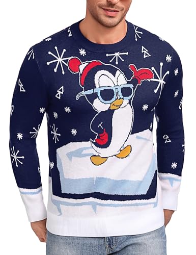 Demigimi Weihnachtspullover Herren Lustig Strickpullover Ugly Christmas Sweater Weihnachtspulli Pinguin Weihnachten Pullover Hoodie Jumper Strickpulli von Demegimi
