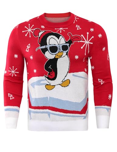 Demigimi Weihnachtspullover Herren Lustig Strickpullover Ugly Christmas Sweater Weihnachtspulli Pinguin Weihnachten Pullover Hoodie Jumper Strickpulli von Demegimi