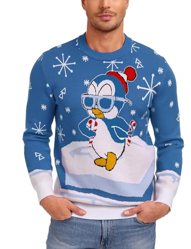 Demigimi Weihnachtspullover Herren Ugly Lustig Strickpullover Ugly Christmas Sweater Weihnachtspulli Pinguin Sweatshirt hässlicher Weihnachtspullover von Demegimi