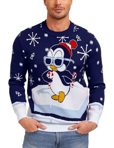 Demigimi Weihnachtspullover Herren Ugly Lustig Strickpullover Ugly Christmas Sweater Weihnachtspulli Pinguin Sweatshirt hässlicher Weihnachtspullover von Demegimi