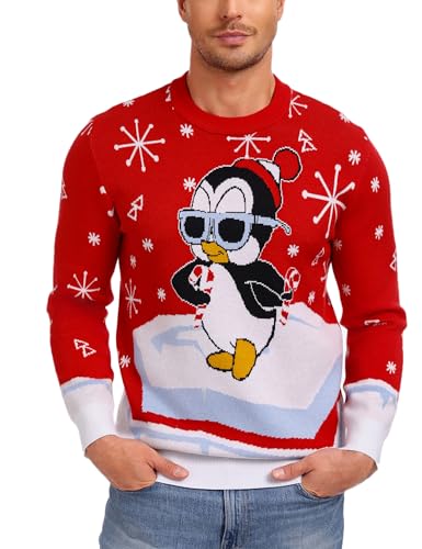 Demigimi Weihnachtspullover Herren Ugly Lustig Strickpullover Ugly Christmas Sweater Weihnachtspulli Pinguin Sweatshirt hässlicher Weihnachtspullover von Demegimi